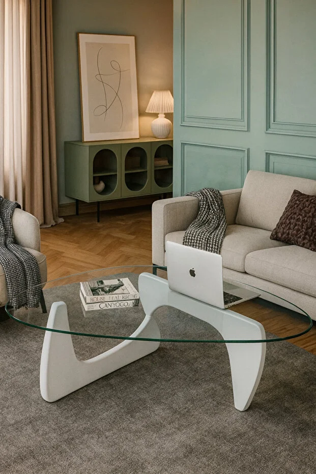 Vitra, Yeni Nesil Modern Elips Asimetrik Cam Orta Sehpa, Beyaz